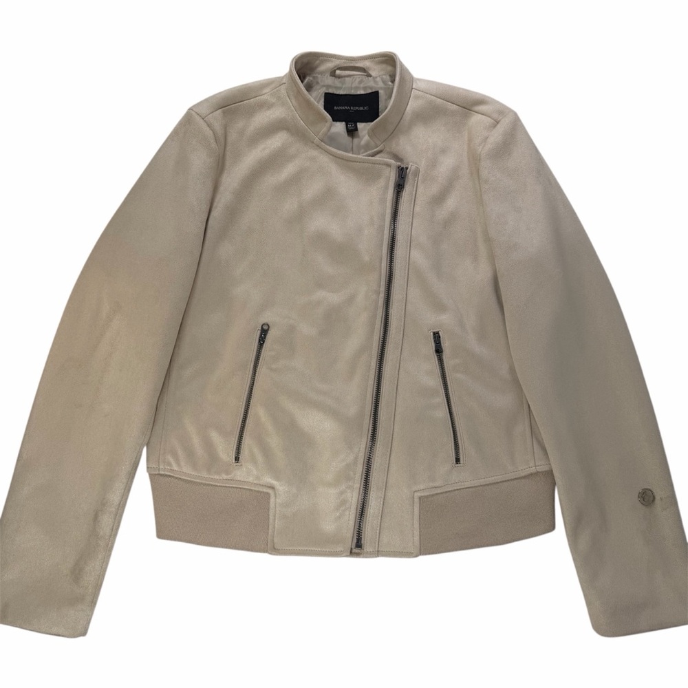 Banana Republic Ribbed Trim Vegan Suede Moto Jacket Size Medium Petite - Picture 9 of 15